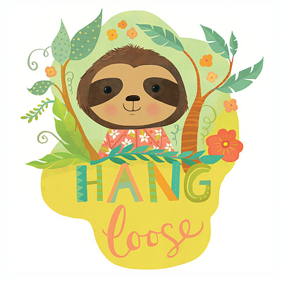 Hang Loose Sloth art licensing childrens book illustration childrens books childrens illustration handlettering illustration kidlitart kids books kids fashion nursery decor sloth whimsical