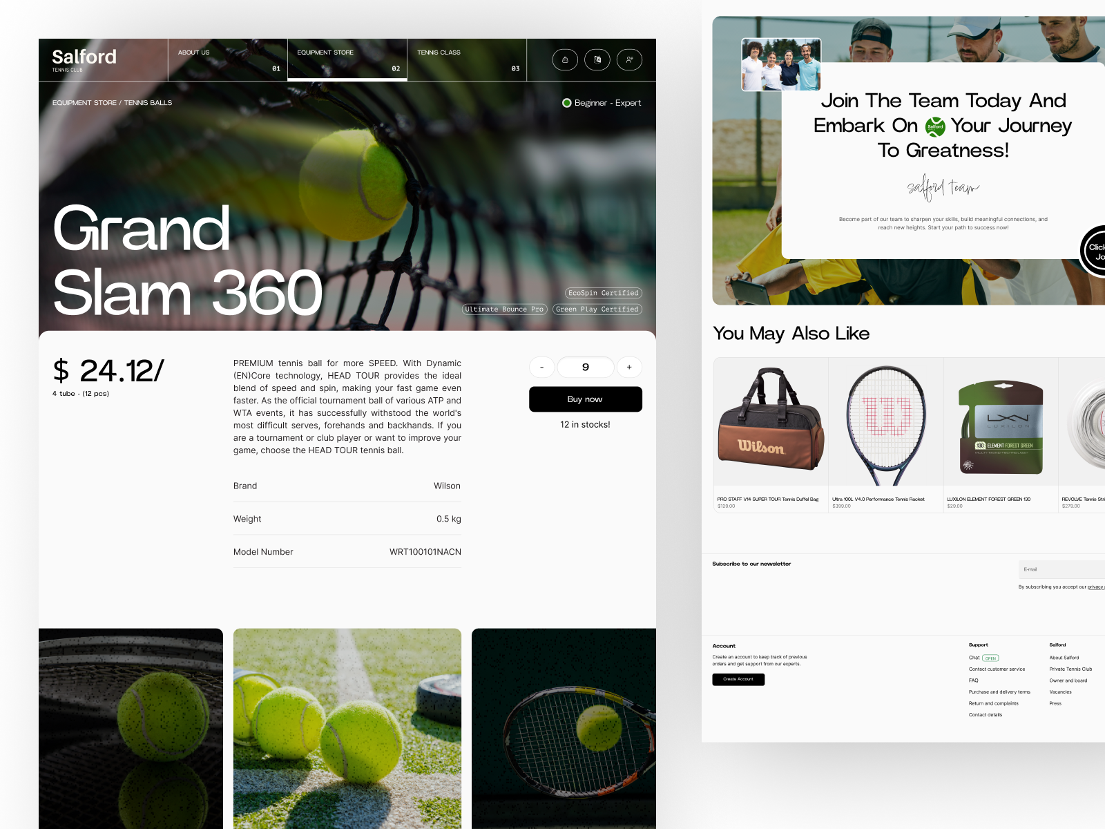 Salford Tennis Club ball clean detail page minimalist product product details racket roland garros shop shopping sport tennis ball tennis club tennis page tennis website ui web design wellness wimbledon
