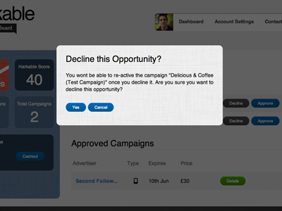 Decline Opportunity dashboard lightbox modal