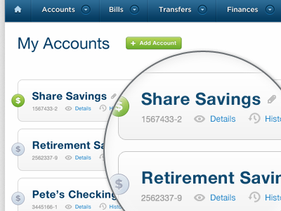 My Accounts account accounts add banking blue button cash credit details flow gradient green grid history list money view