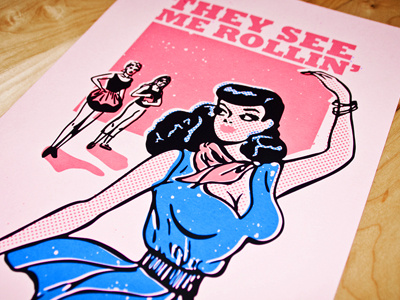 rollin' print illustration pink pinup retro screen print