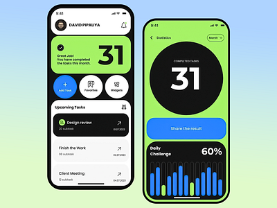 Task Manager App UI Design app development app interface bright colors clean layout daily challenge interface design mobile app mobile ux modern uxui productivity app progress tracker statistics screen task completion task manager task tracker ui design user experience user interface ux ux design