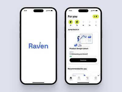 Raven - Cohort-based education app app design branding cohort courses courses app design inspiration edtech education education app gamification illustrations logo minimal design mockups streaks ui