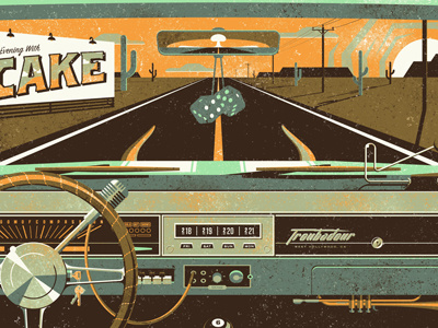 Cake brown cake car dan kuhlken desert dice dkng green illustration nathan goldman orange poster print road screen print troubadour vector