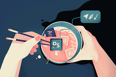 Article: Diving into graphic design software 3d after effects chinese food conceptual editorial food graphic design hands icons illustration illustrator photoshop software soup texture vector web illustration