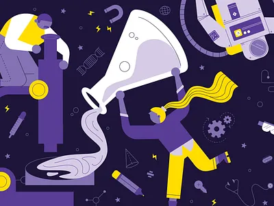 Trailer wrap illustration for STEM program astronaut beaker biology electricity idea illustration microscope power science space stem vector