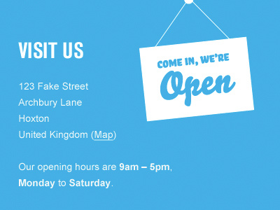 Come in, we're open block blue footer sign