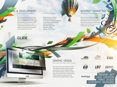 trifold brochure blue brochure colorful flow green hot air baloon light blue marketing orange skies web design