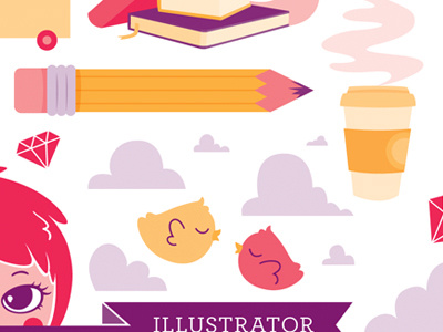 Cover Illustration birds books clouds coffee diamond hot pink illustration pencil purple vector yellow