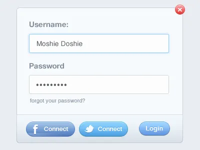 Log In blue button close facebook login taffy twitter ui