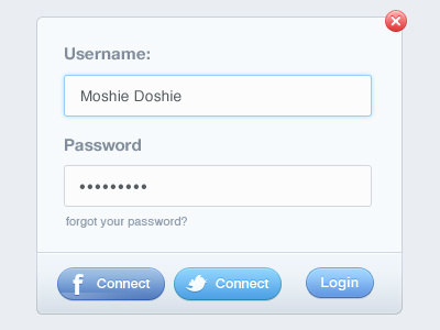 Log In blue button close facebook login taffy twitter ui