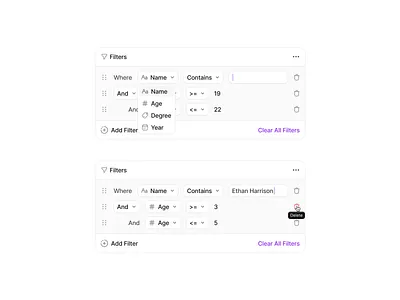 Advanced Filter appdesign clean figma filters inputs interface minimalist productdesign purple saas ui userexperience userinterface ux webapp webdesign white