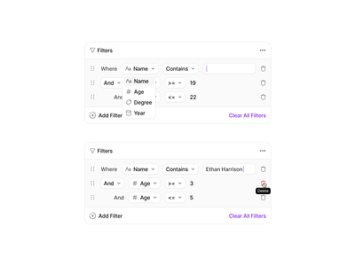 Advanced Filter appdesign clean figma filters inputs interface minimalist productdesign purple saas ui userexperience userinterface ux webapp webdesign white