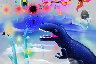 Dino Song art character child clouds dinosaur dreams house illustration inflated material landscape magic music music tubes photoshop smile sound surreal