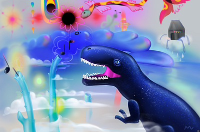 Dino Song art character child clouds dinosaur dreams house illustration inflated material landscape magic music music tubes photoshop smile sound surreal