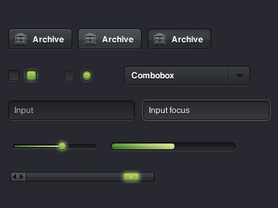 Dark UI Kit button checkbox dark fireworks forms free glow green kit progressbar radiobutton scrollbar set slider textfield ui