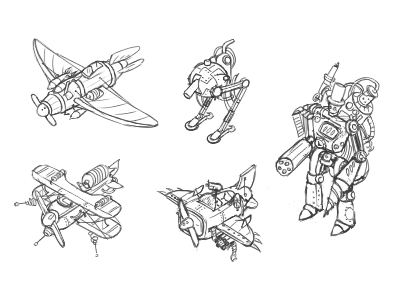 Hand drawn sketches. aircraft game golem sketch steampunk