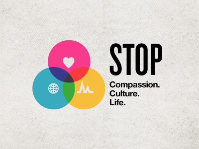 Stop Logo blue helvetica neue bold knockout full bantam pink texture yellow