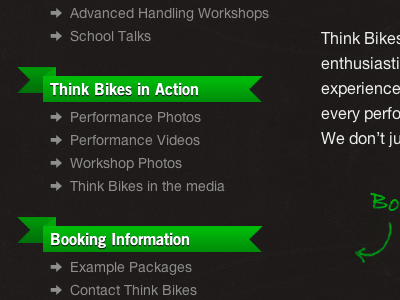 Think Bikes in Action green header list menu ribbon texture