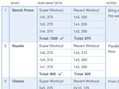 Workout Log columns data exercise rows stripes table