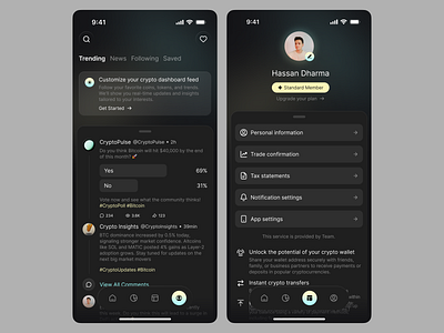 Crypto Mobile App UI/UX - Feed and Profile bitcoin btc crypto app crypto mobile app crypto update eth ethereum exchange feed info ios mobile app design money product design profile saas trading ui ux wallet