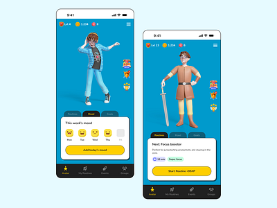 Game UI for a gamified kids and teens routine app avatar game game design game interface game ui gamification mobile app mobile game mood track task management teen ui design user interface visual design