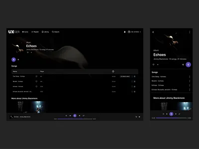 A Dark Theme Music Player app black dark mode dark theme design desktop experience figma flowbite mobile music music player plays product design purple streaming ui ux uxui video