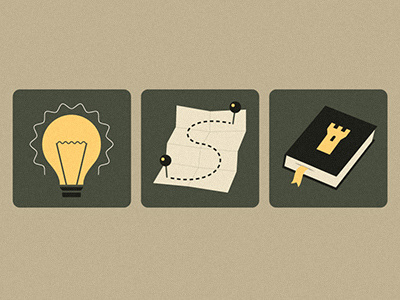 3 icons book bookmark brown bulb castle green icons light map pin route shine simple story vector