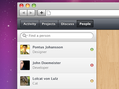 Project Collaboration App app brown chat gloss gui interface lights lolcats are people too search status tabs texture ui user web webapp wood wooden