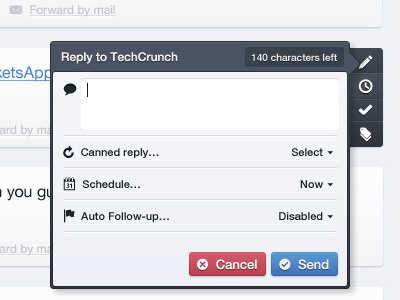 TwitSpark Betadesign 3 buttons cancel canned follow form icons jquery labels modal pictos popup reply schedule send techcrunch twickets twitter