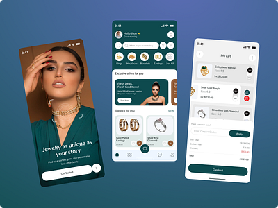 Jewelry Store Mobile App card diamond ecommerce ecommerce ui green jewel jewellery jewellery shop jewelry jewelry app jewelry store mobile app mobile app design navbar on boarding online shop product page product screen splash screen ui design