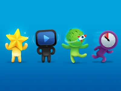 Drawing a character for a kids website black blue character green photoshop planet purple star step by step stopwatch tv yellow