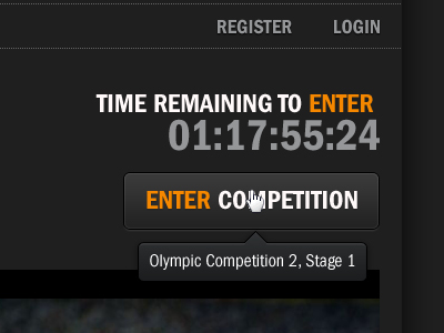 Competition Website black button competition dark gradient grey orange timer tooltips webdesign website
