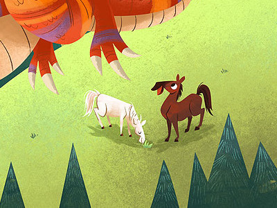 "Hey, it's a dragon!" dragon forest horse illustration