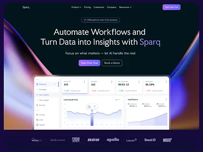 Landing Page Design for CRM platform with AI ai dark theme design landing page uxui web design