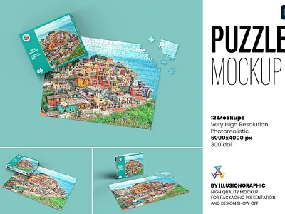 Puzzle Mockup - 12 views big box card carton design elegant foil instagram jigsaw mock up mockup package packaging perspective photo photo puzzle photoshop puzzle template print puzzle mockup