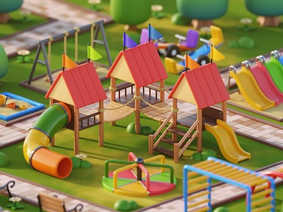 Kids Outdoor Playground - 3D illustration 3d 3d icon 3d illustration baby children disney land fun fun land happy illustration kids park play playful playground stylized town square