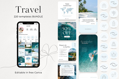 220 Travel Social Media BUNDLE blogger marketing bundle deal business promotion canva template editable posts minimalistic modern social media stories covers story highlights travel agency travel instagram travel social media travel social media bundle traveling agent vacation deals