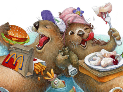 Otters characters colors gouache illustration mixed technique otter paper water color