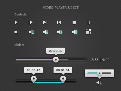 Video Ui Kit black clean dark icon icons kit player scrub slider teal ui ui kit video volume web