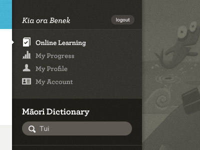 Korero Maori Online menu black blue dictionary grey maori menu nav noise search sidebar web white