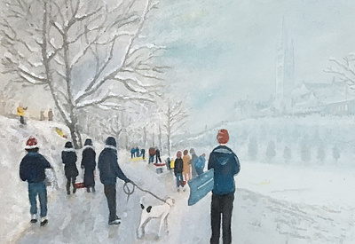 Painting of Kelvingrove Park in the winter by Brian McGuffie painting of kelvingrove park