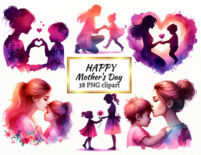 Happy Mothers Day - Mom and Me - Watercolor Clipart