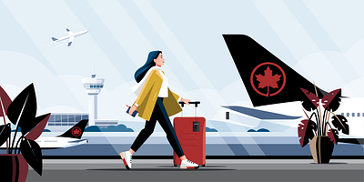 Running to the gate aircanada airlines airplane airport character flight gate girl illustration suitcase terminal travel vector walking woman