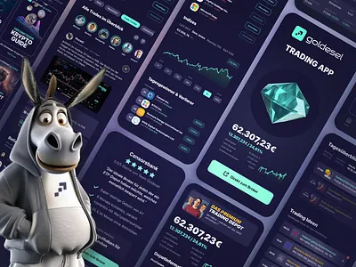 Trading Community App with Dark UI 3d character app app dashboard crypto crypto app dark ui depot diamond donkey mobile rating stock market stock trading stocks teal trading trading app ui user interface ux