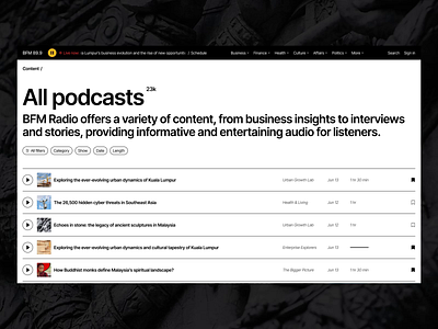 BFM Radio 89.9, Podcast list animation bold broadcast design desktop filtration interaction list mobile player podcast radio scroll ui ux web website