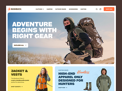 Bushbuck - Camping & Hunting accessory e-commerce website adventure campfire camping accessories camping gear ecommerce fishing gun hiking hunting gears landing page landingpage maps nature outdoor gear outdoors tent travelling web design webdesign website design