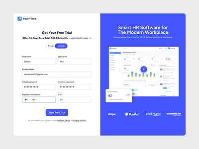 TeamTrek - HR Management SaaS Free Trial Screen UX/UI Design b2b free trail screen hr management login page login screen product design saas saas design saas hr saas owners saas products saas startups uiux user experience user interface website design