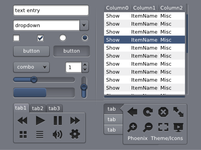 "Phoenix" Interface Elements blue button checkbox counter dropdown grey icons interface linux progress bar slider svg table tabs ui vector