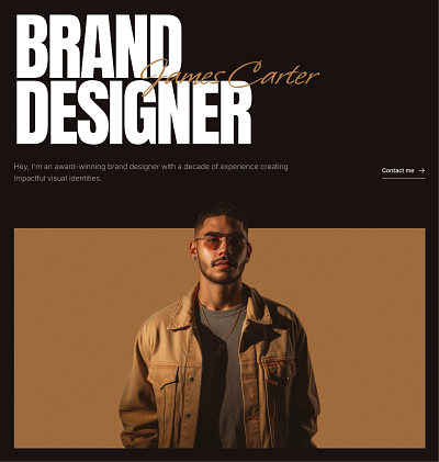 Portfolio hero section for Framer built with Frameblox UI kit bold brand branding dark designer hero home page landing personal personal website portfolio typo ui ux webdesign